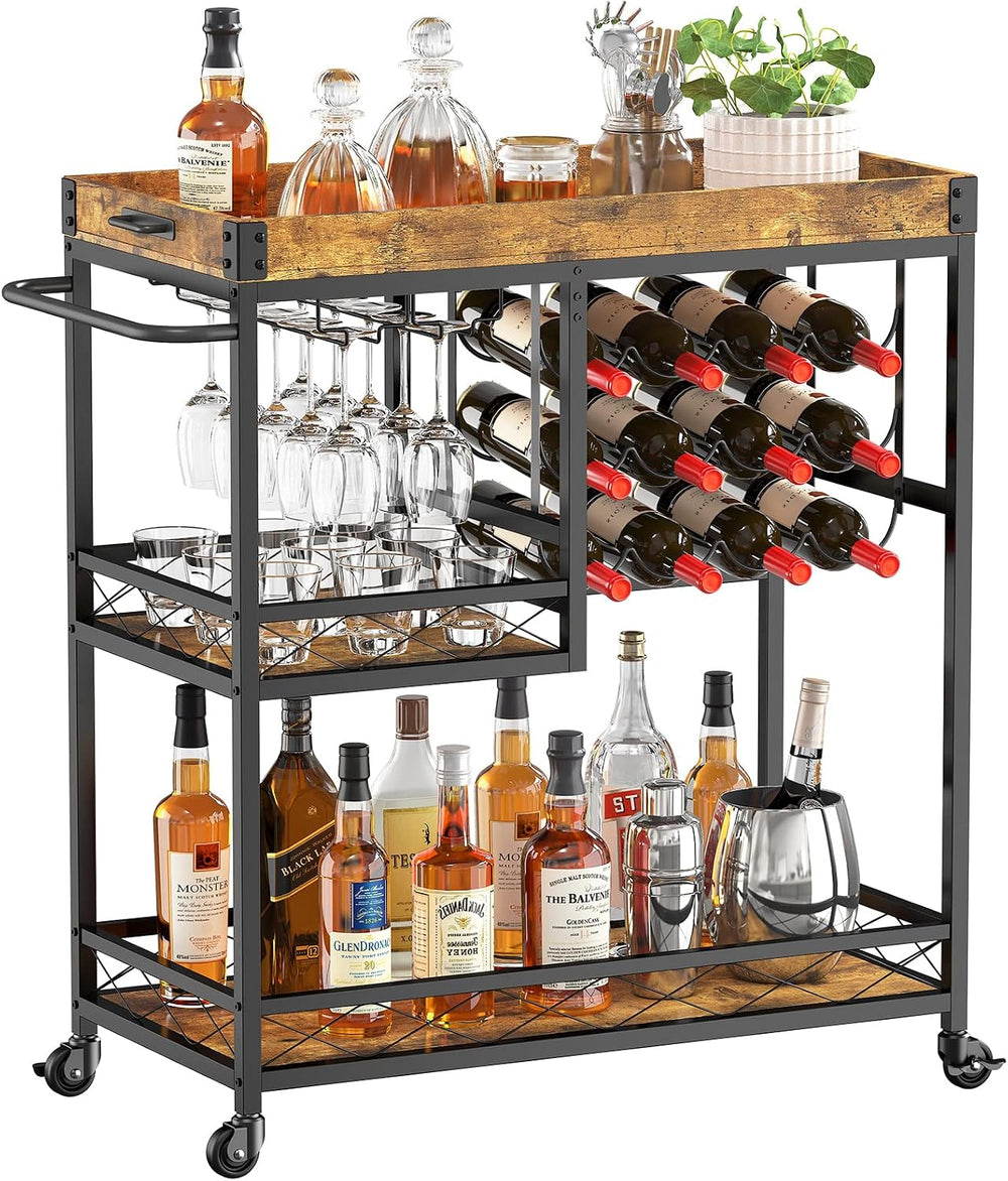 Lifewit 3 Tier Bar Cart with 12 Wine Racks, Serving Trolley, Rustic Brown