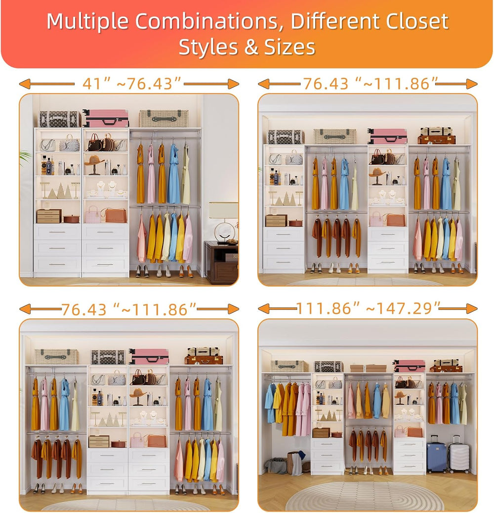 Closet System with 6 Drawers, 6FT-12FT Modular Closet Organizer System with 7...
