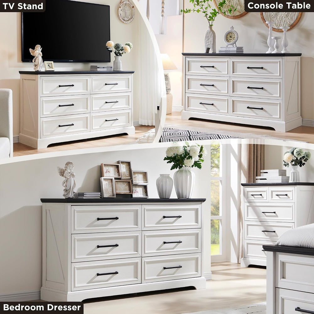 ACCOHOHO 52" Wide Farmhouse 6 Drawer Dresser for Bedroom, Off White