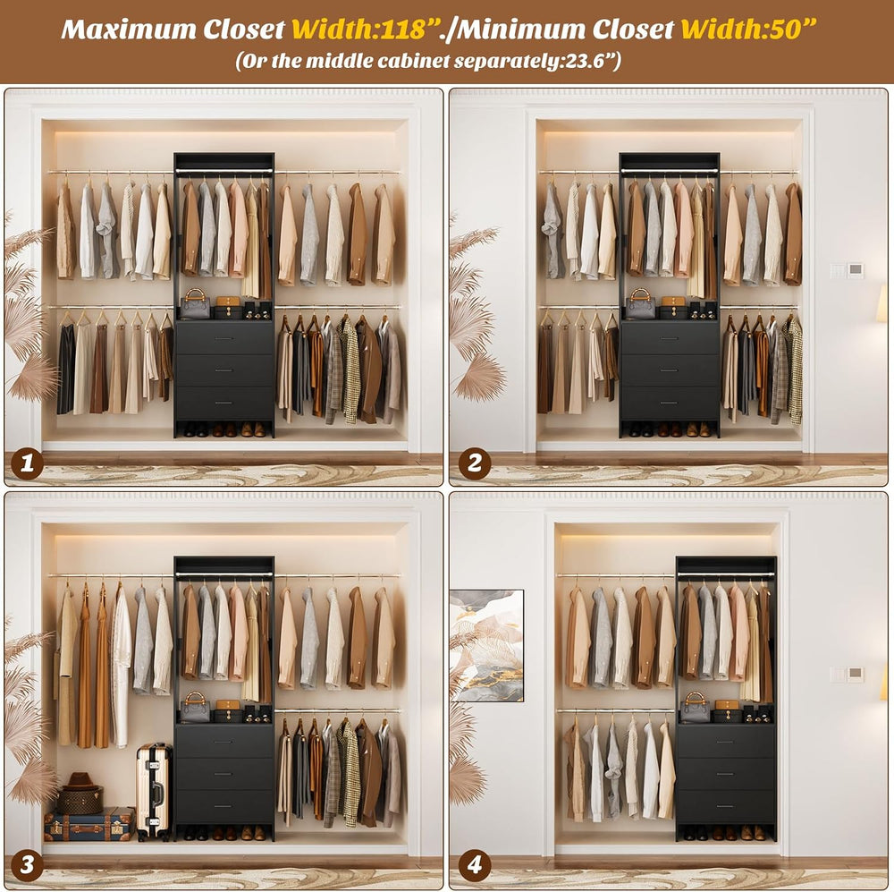Aheaplus Closet System, 4.2-9Ft Closet Organizer with Wooden Drawers, Black
