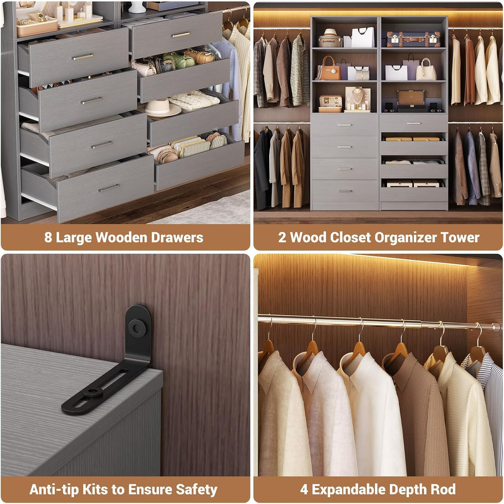 Aheaplus Closet System, 6-15Ft Custom Wood Closet Organizer with 8 Drawers