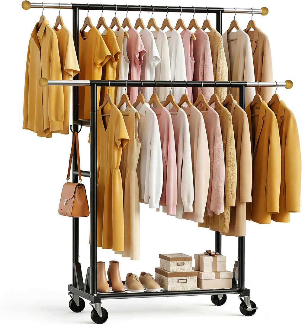 Rolling Garment Rack - Double Rod Clothes Rack with Lockable Casters, Mesh St...