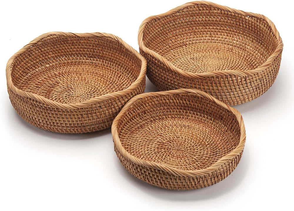 Rattan Bread Baskets Round Woven Fruit Bowls Key Holders Stackable for Storag...