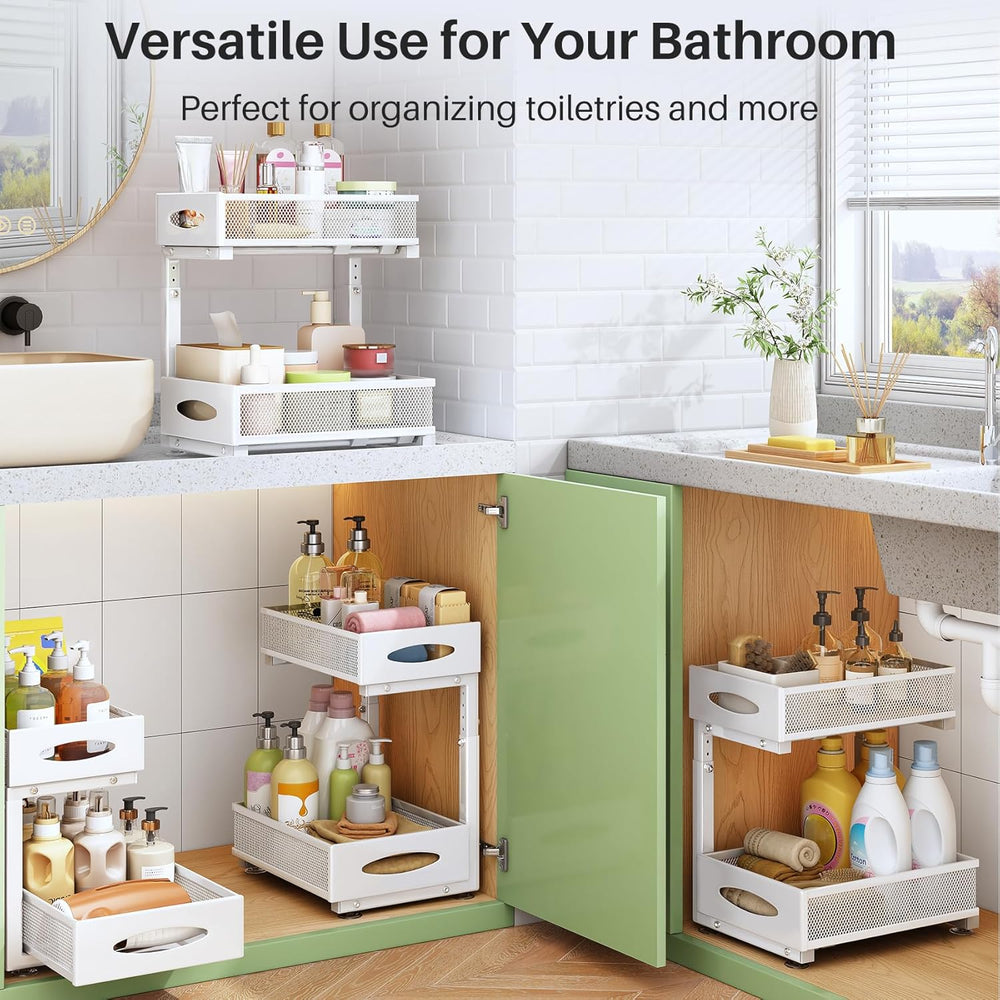 Under Sink Organizer, 2 Tier Pull out Cabinet Organizer Baskets with Mesh Sli...