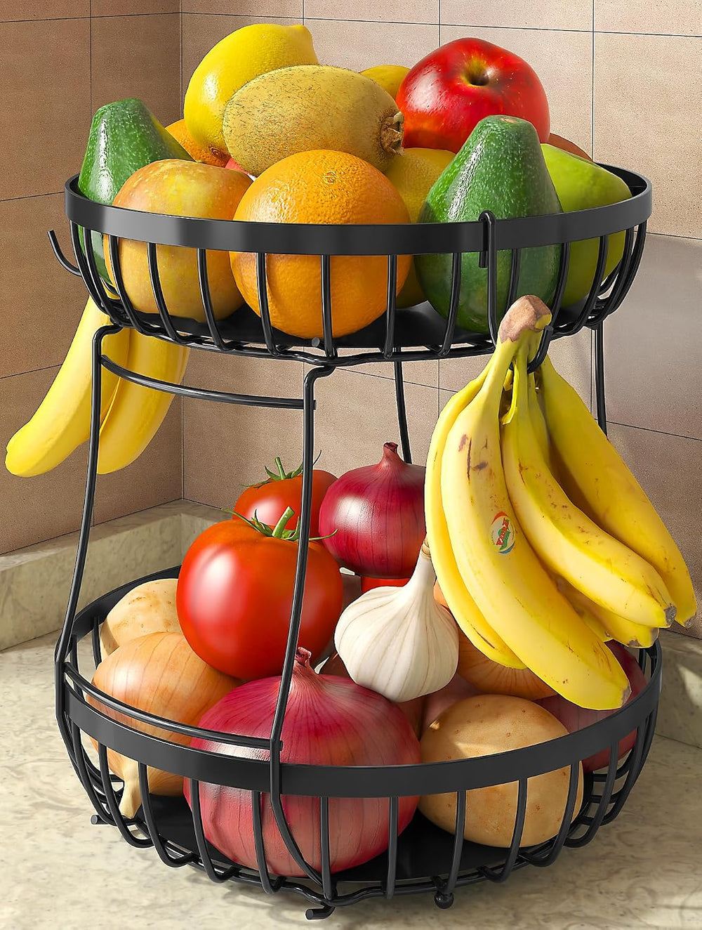 Sevenblue 2 Tier Fruit Bowl for Kitchen Counter, Black, Extra Large