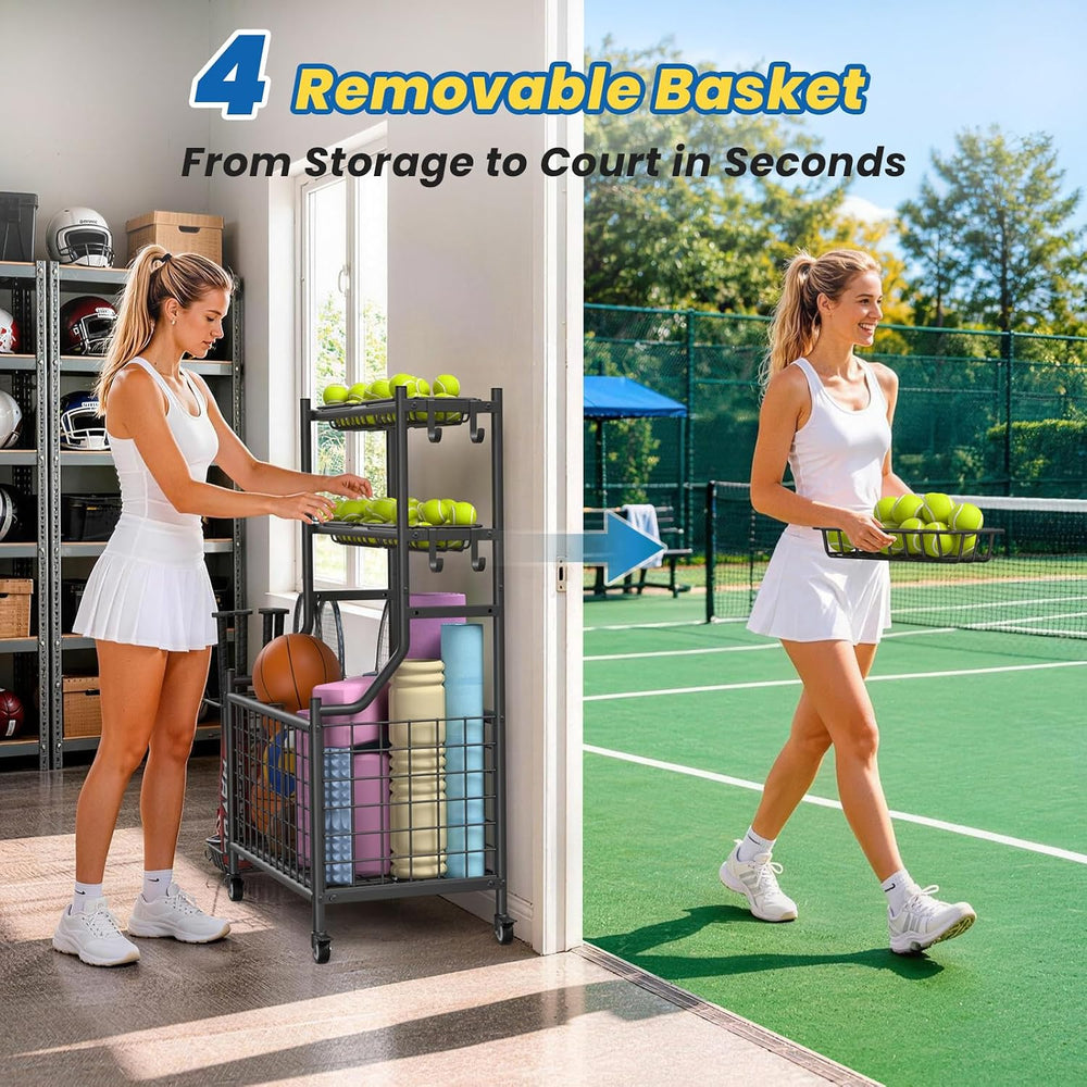 Garage Sports Equipment Organizer with Wheels, All-in-One Ball Storage
