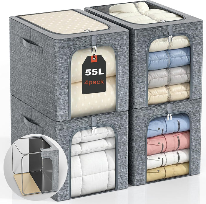 GoMaihe Blanket Storage Bins with Metal Frame for Closet, 55L 4-Pack Grey