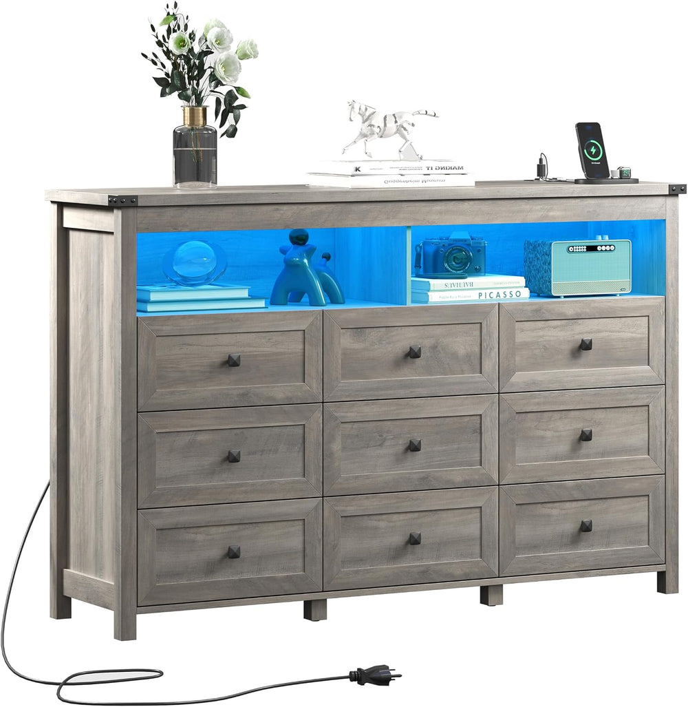 Wodeer 9 Drawer Dresser for Bedroom with LED Lights, Charging Station, Wood C...