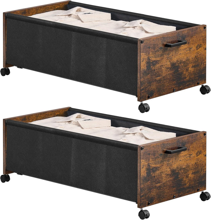 FOUCSSOMEI Under Bed Storage with Wheels, Wooden Under Bed Drawers On Wheels, Rolling Under Bed Shoe Storage, Space Saving, Rustic Brown,90L