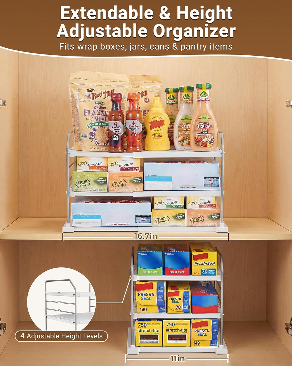 EVERIE Extendable 3-Tier Kitchen Cabinet & Pantry Organizer for Plastic W...