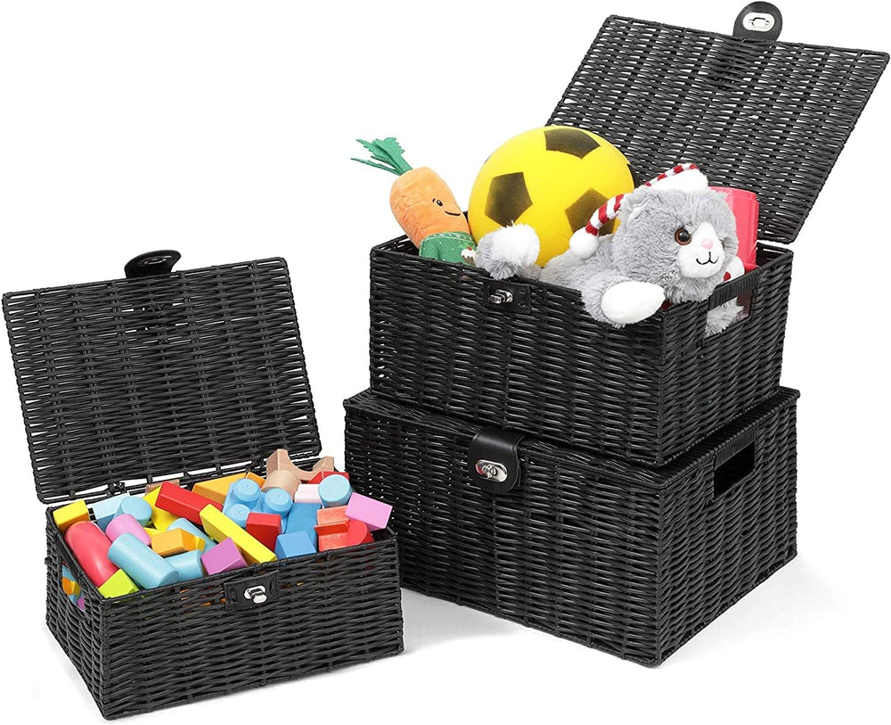 Honygebia Black Wicker Storage Baskets - Set of 3 Decorative Nesting Boxes wi...