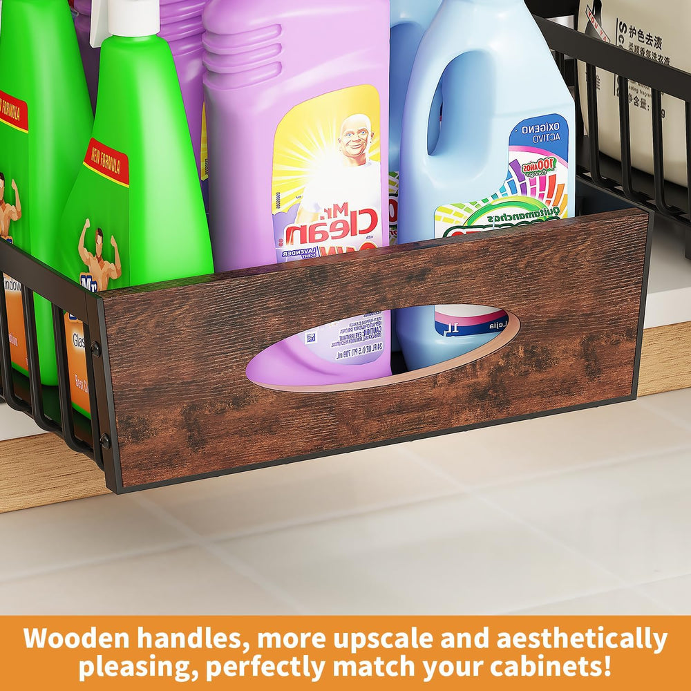 2-Tier Under Sink Organizer with Wooden Drawer Handle, 2 Pack Adjustable Heig...