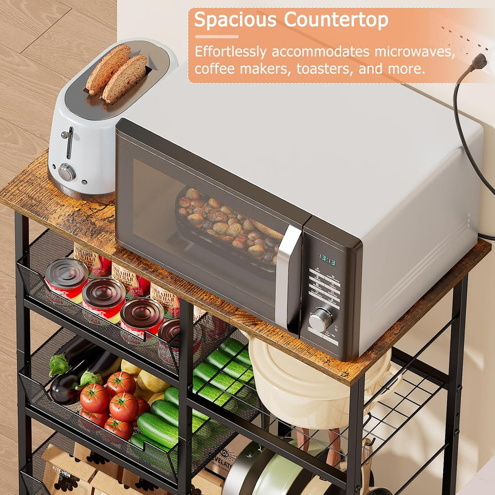 Rolling Kitchen Microwave Organizer Cart, Adjustable Shelves, Black