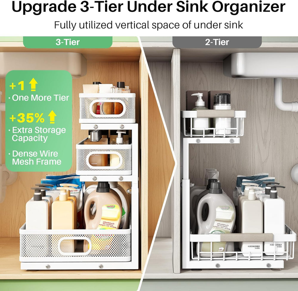 Kitstorack Under Sink Organizer, 2-Pack 3-Tier Height Adjustable Thickened Me...