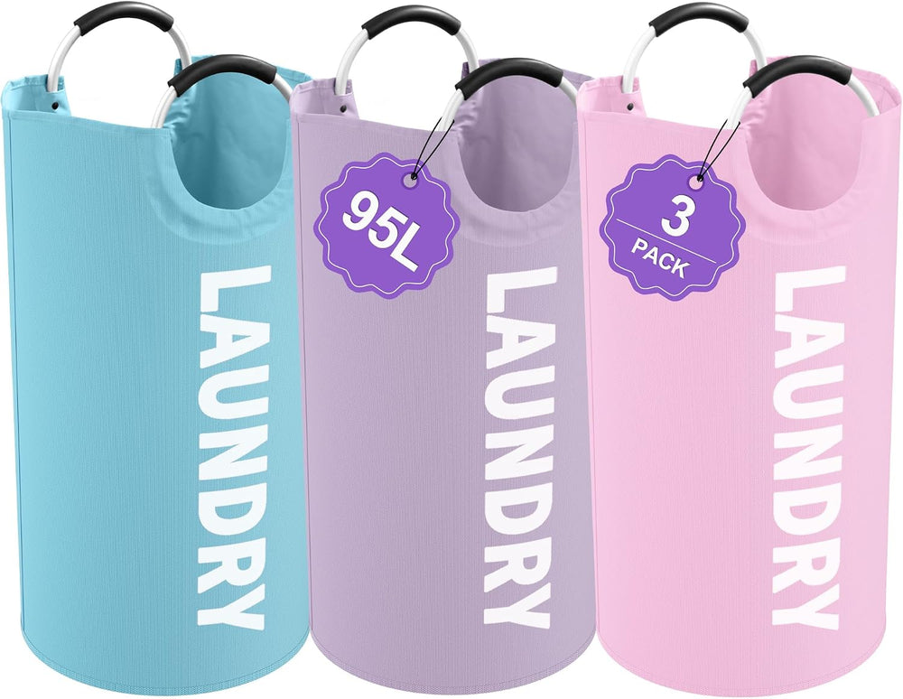 3PCS 95L Collapsible Laundry Basket, Oxford Hamper with Handle for Family