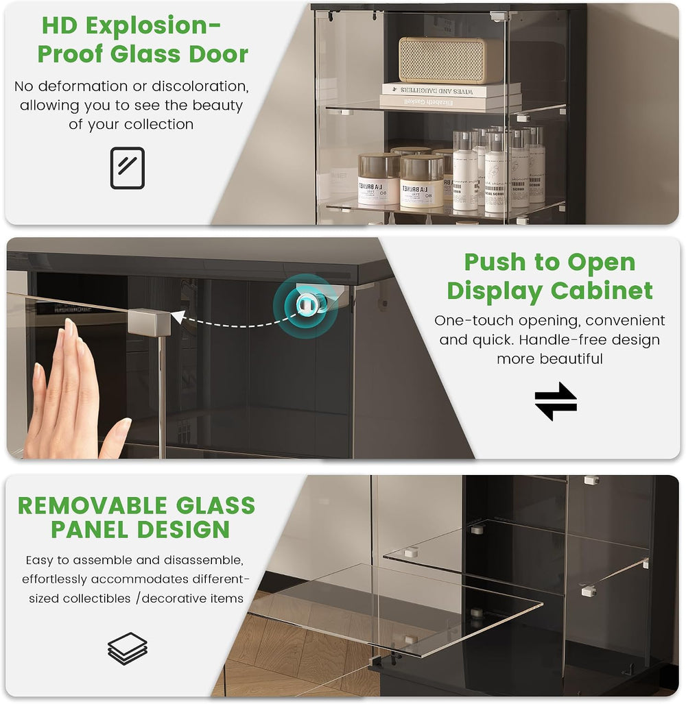 HNEBC Glass Display Cabinet with USB Charging Station&LED Lights,Black