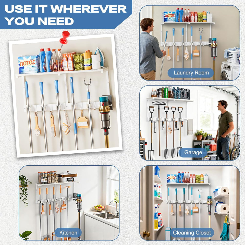Broom Holder Wall Mount with Cleaning Supplies Organizer, Laundry Room Organi...