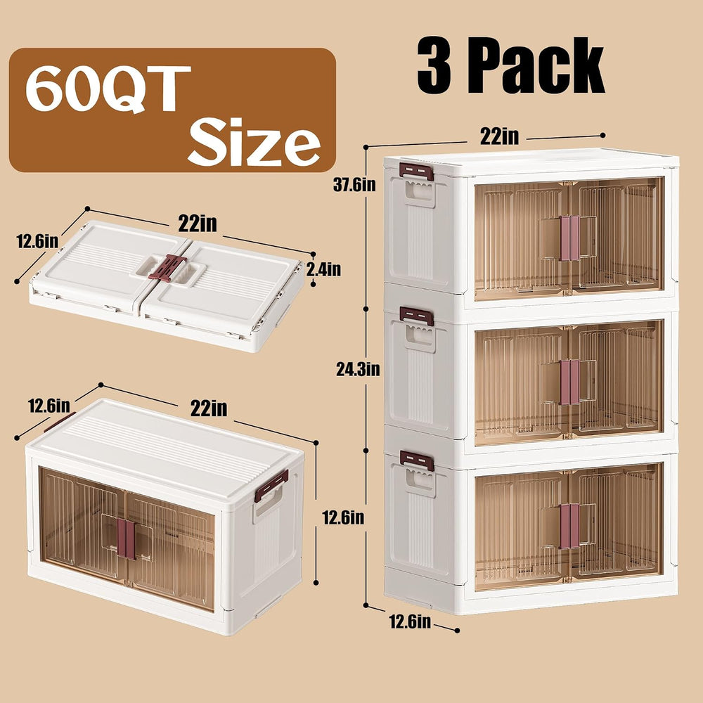 45GAL/180QT 3 tier large stackable storage bins with lid and wheels, collapsi...