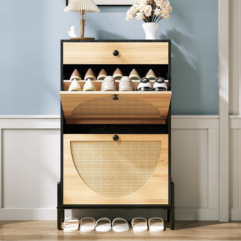 IRONCK Narrow Shoe Cabinet with 2 Flip Drawers and Rattan Doors, Black