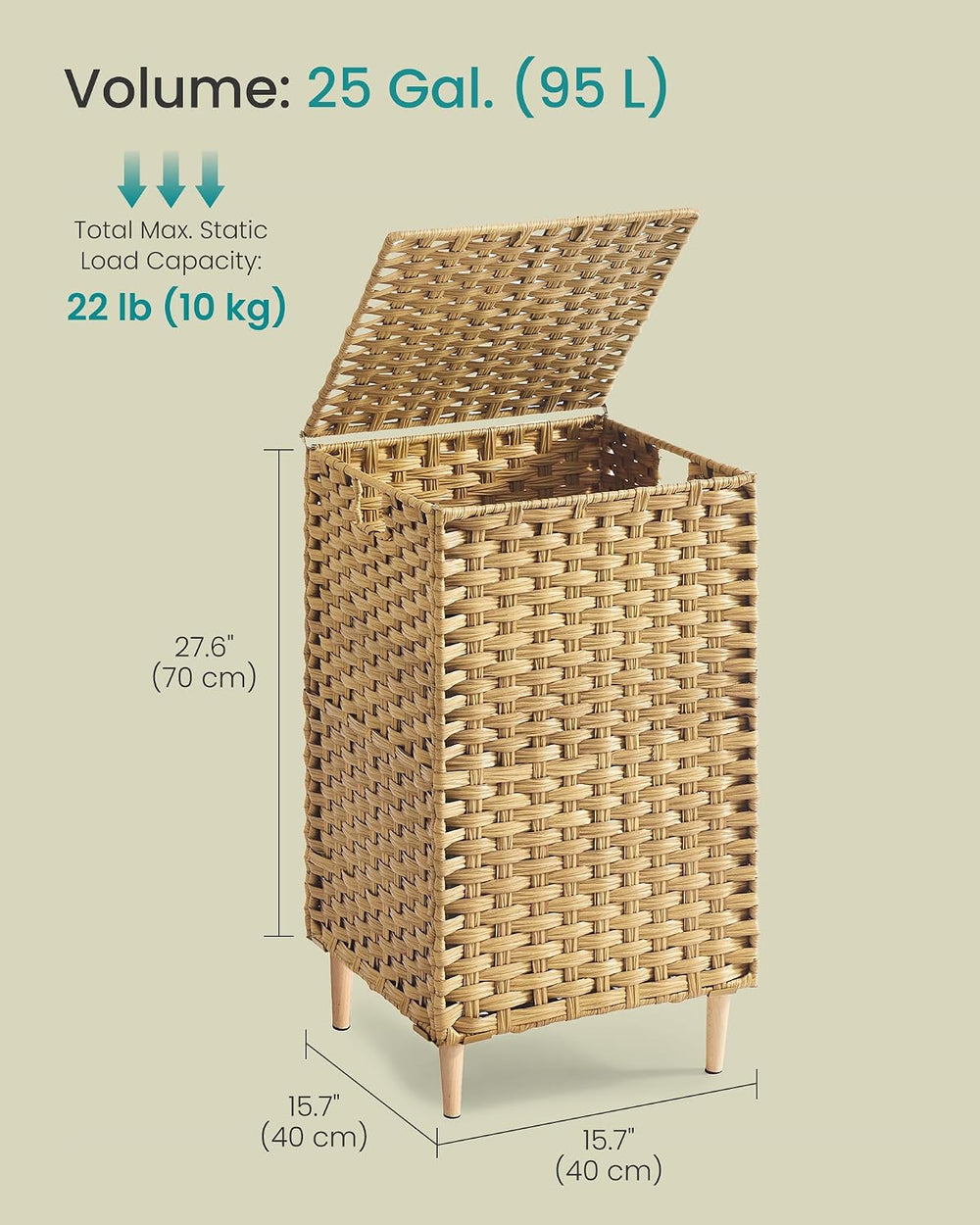SONGMICS Laundry Hamper with Lid, PE Rattan, 25 Gallons (95 L)