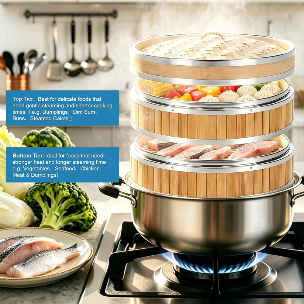 Bamboo Steamer Basket 12 Inch 2 Tier, Stainless Steel Reinforced Steamer