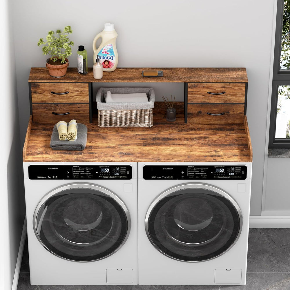 Unionly 2 Tier Washer and Dryer Countertop with fabric drawers and wood top