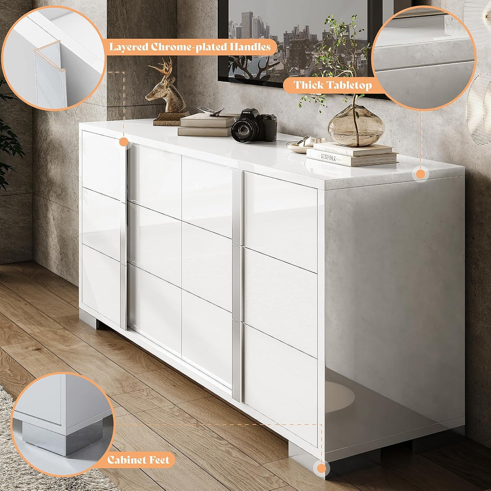 AMERLIFE 6 Drawer Dresser, Modern Storage Chest, High Gloss Finish, White
