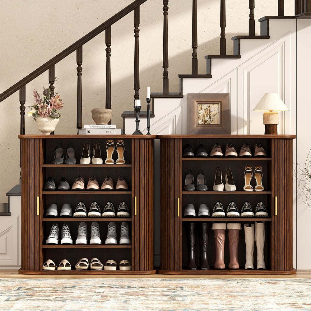 UNIQUITE 5-Tier Sliding Door Shoe Cabinet, Adjustable Shelves Wooden Shoe Sto...