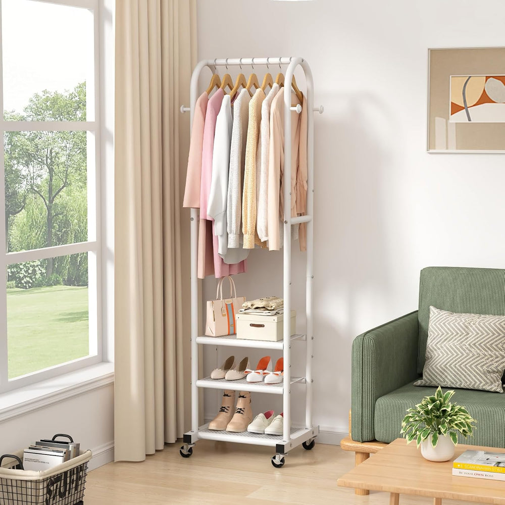 Kaitiemoo Clothing Rack, Mobile Garment Rack with Wheels & 3 Shelves, White