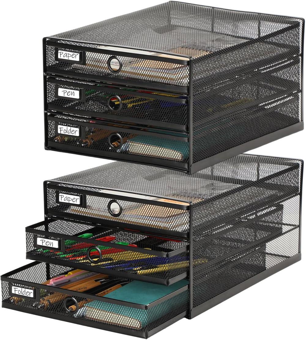 Zhanmai 1 Pack Black Desk Organizer Total Wire Mesh with Drawer, 3 Tier