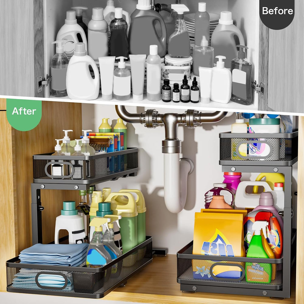 Under Sink Organizer 2 Pack, High Adjustable 2 Tier Under Sink Organizers and...
