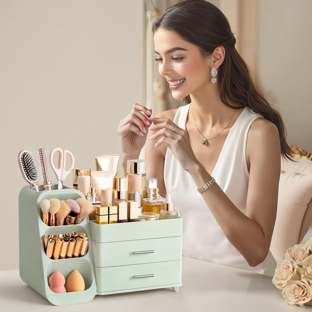 HBlife Makeup Organizer with Brush Holder for Vanity, Large Plastic Bathroom ...