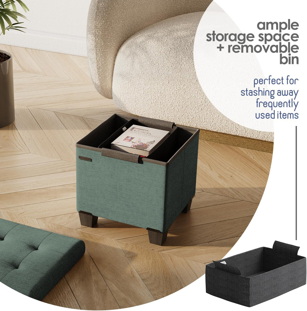 Storage Ottoman Cube with Small Bin, 15-in Square Ottoman with Storage for Li...