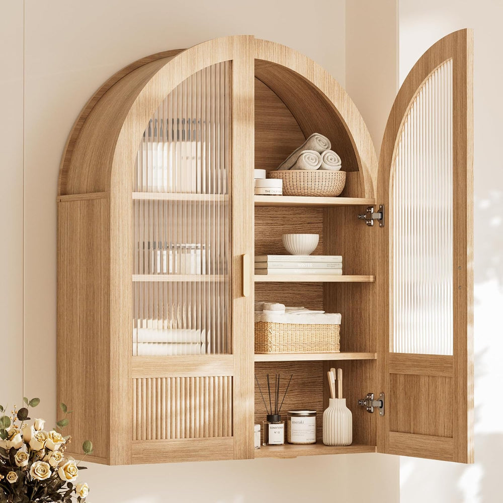 4-Tier Arched Bathroom Wall Cabinet with Adjustable Wood Shelves, Over the To...