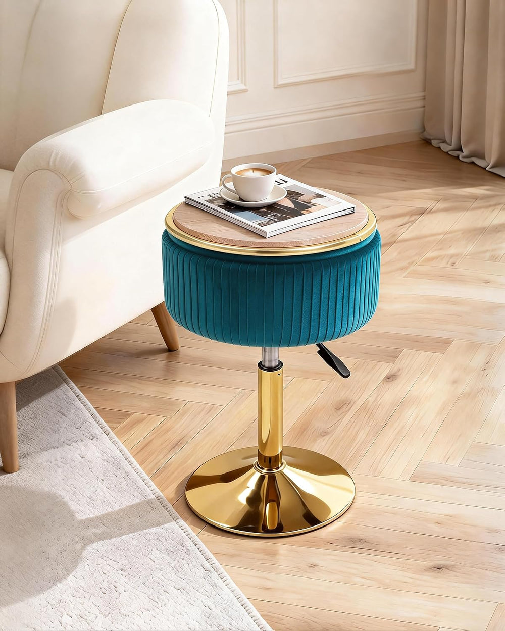 LITZFUR Adjustable Vanity Stool, Swivel Vanity Chair with Storage, Blue