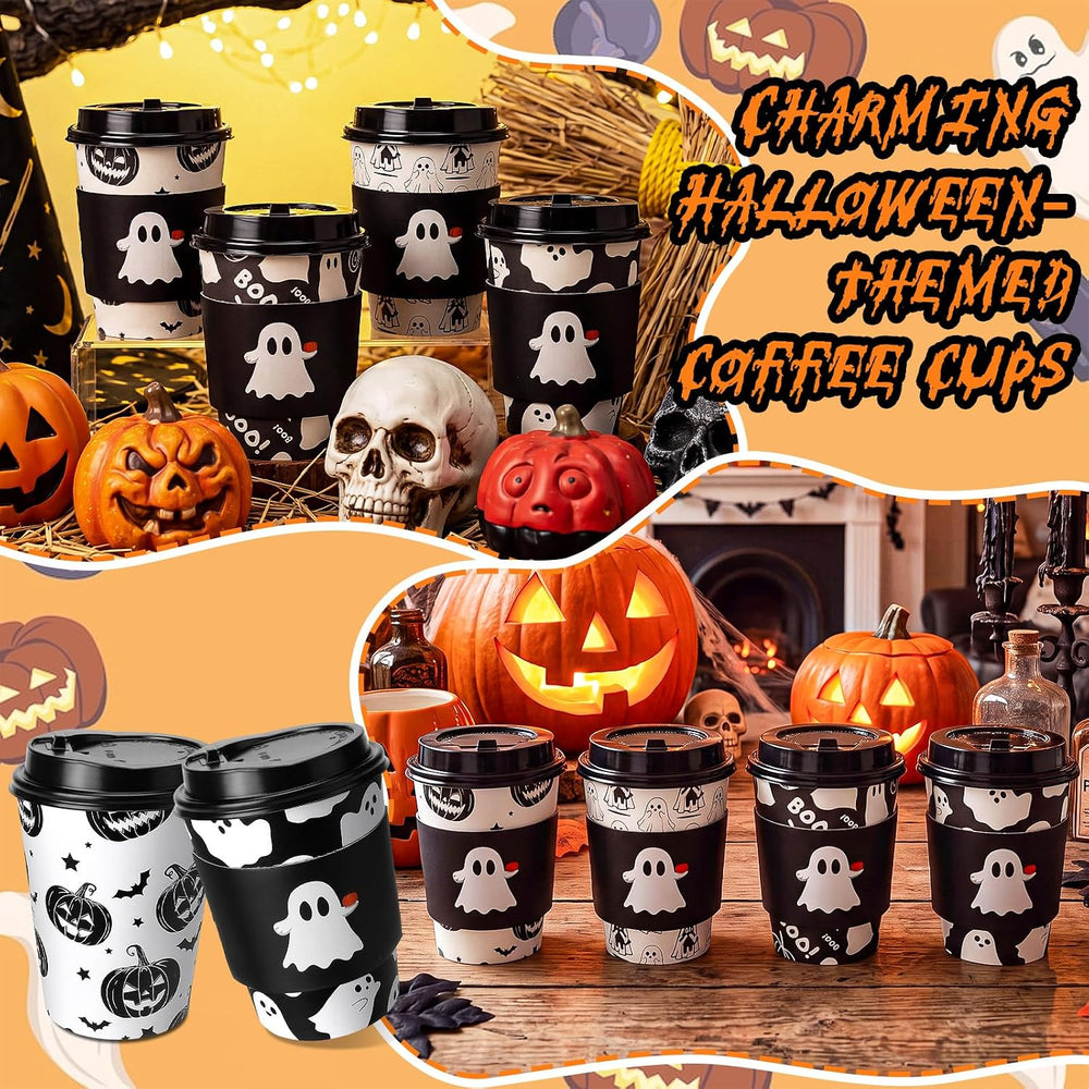 Suclain 100 Sets Halloween Disposable Coffee Cups with Lids & Sleeves, 12...