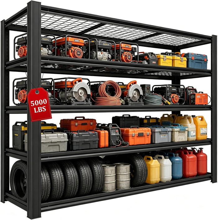 5000LBS Heavy Duty 5-Tier Adjustable Metal Garage Shelving, Tool-Free Easy Assembly Storage Shelves Unit, 62" W x 24" D x 84" H Black Utility Rack for Garage Basement Warehouse Pantry