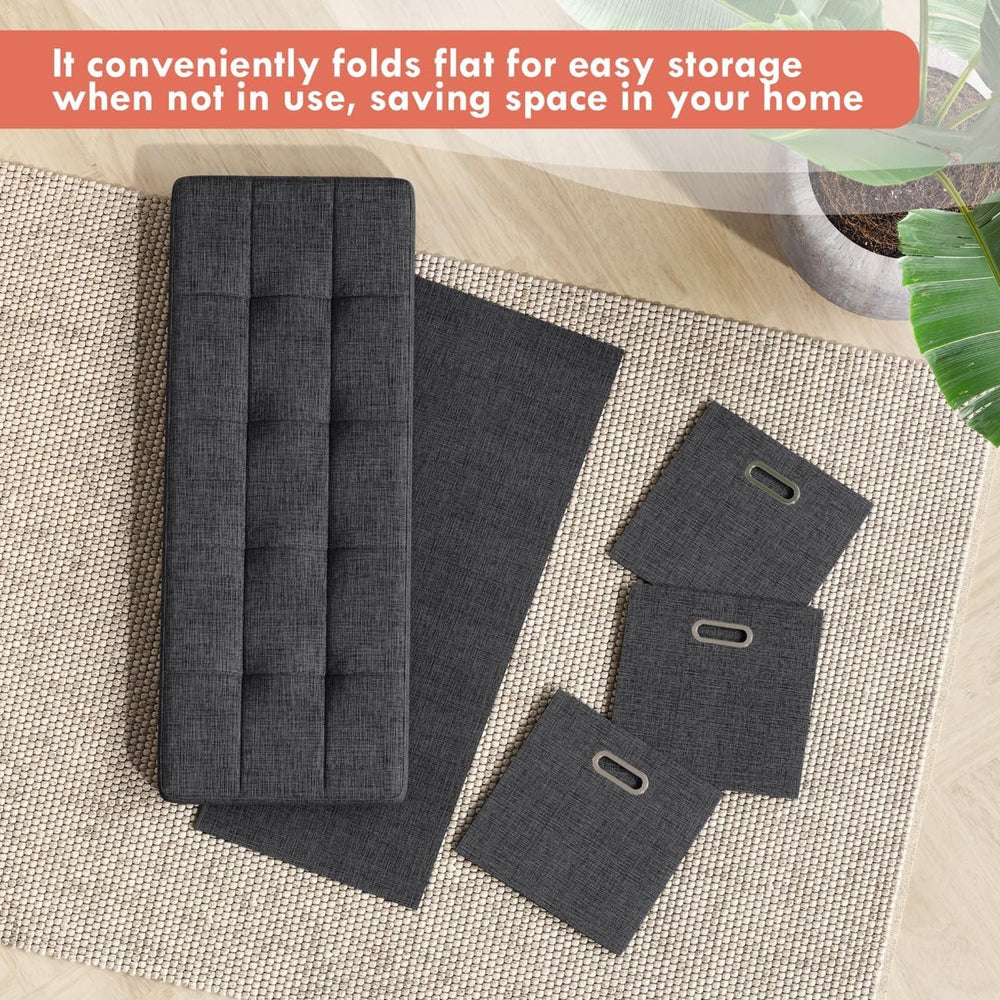 Ornavo Home 40 Inch Storage Ottoman with 3 Drawers, Tufted Linen, Black