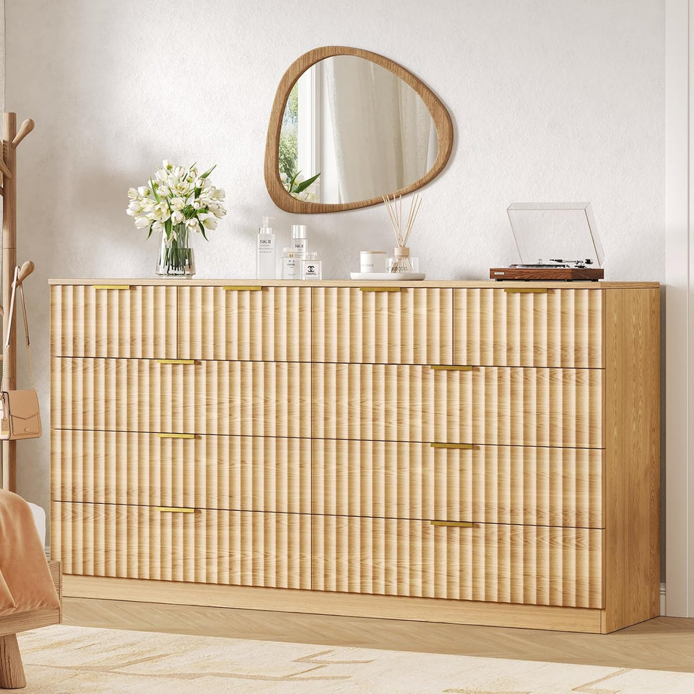 55.1" Wide Fluted 10 Drawer Dresser for Bedroom, Natural