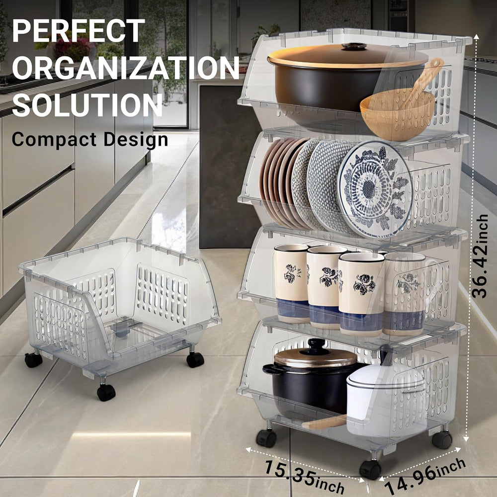 Large Stackable Storage Bins Open Front with Wheels, 4 Pack - Light Grey