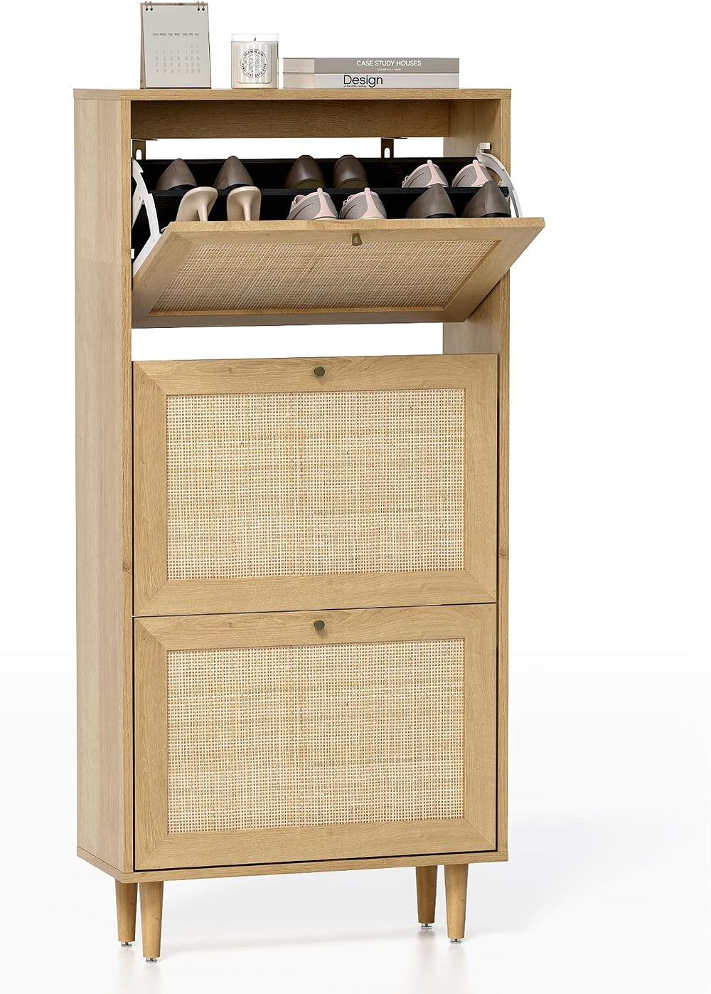 EYYTHUNG Rattan Shoe Cabinet Narrow Shoe Storage Cabinet with 3 Flip Drawers ...