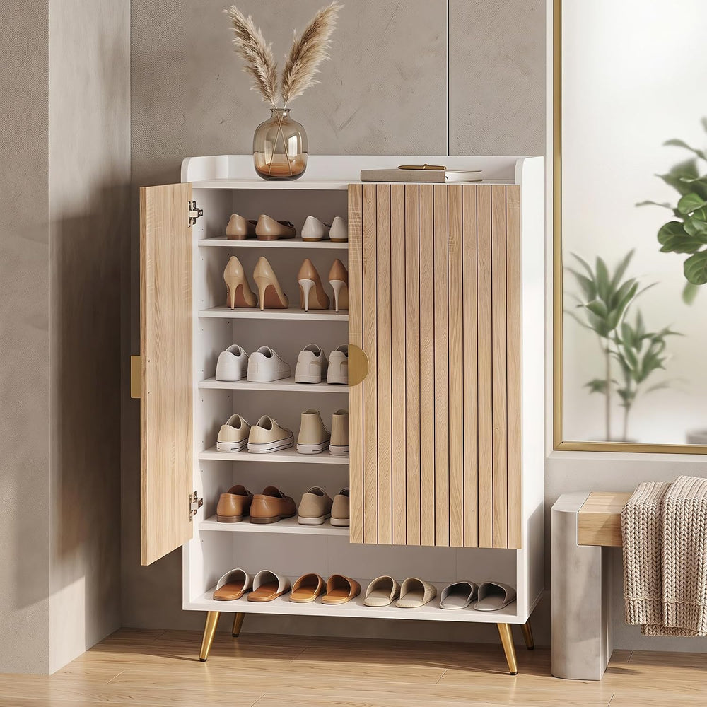 Giantex Shoe Storage Cabinet w/Door, Adjustable Shelves, Metal Leg, Natural