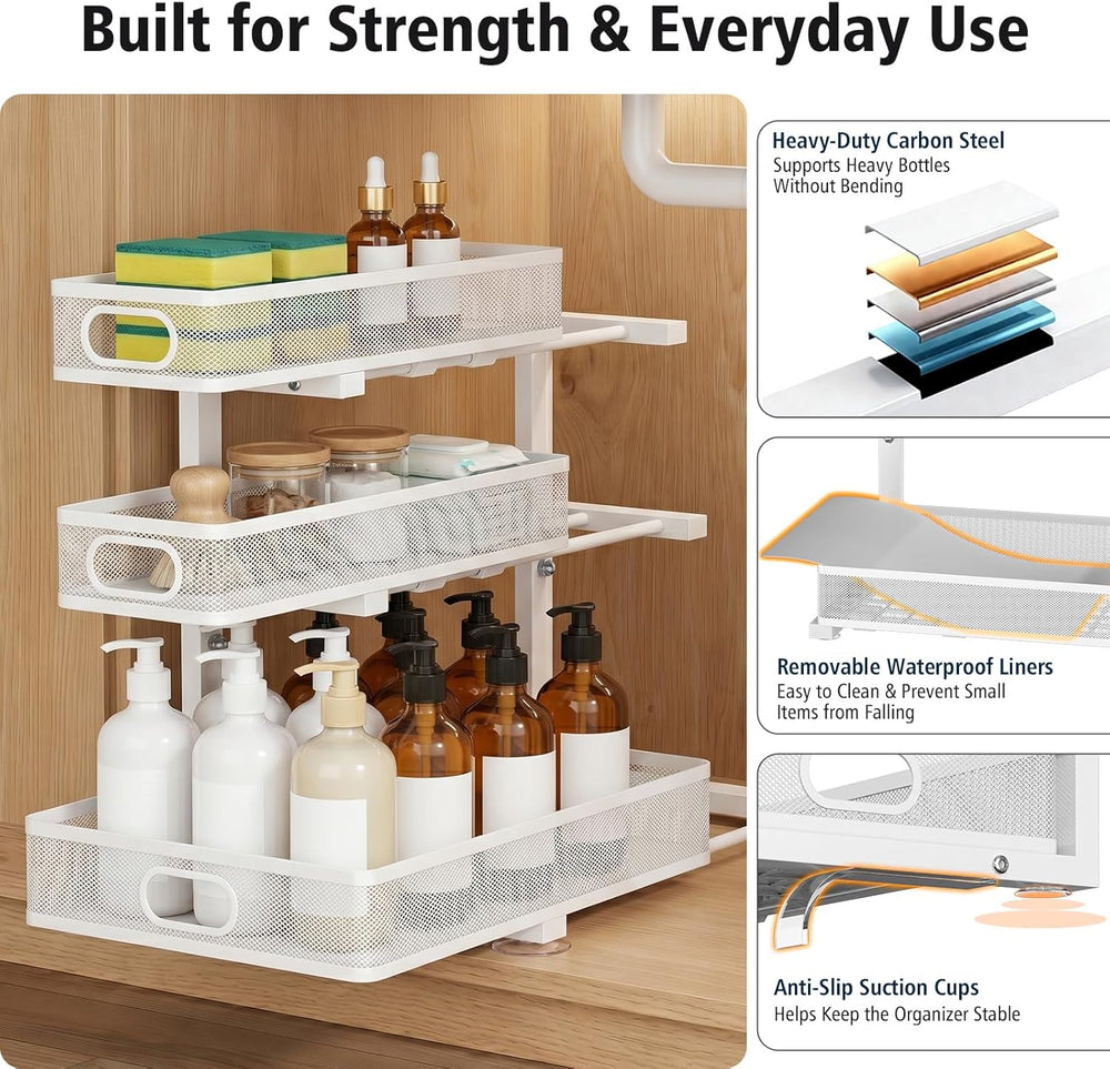 Under Sink Organizer, 3 Tier Pull Out Cabinet Organizer with 5 Adjustable Hei...