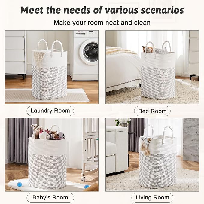Laundry Basket, Woven Cotton Rope Laundry Hamper, Versatile Storage