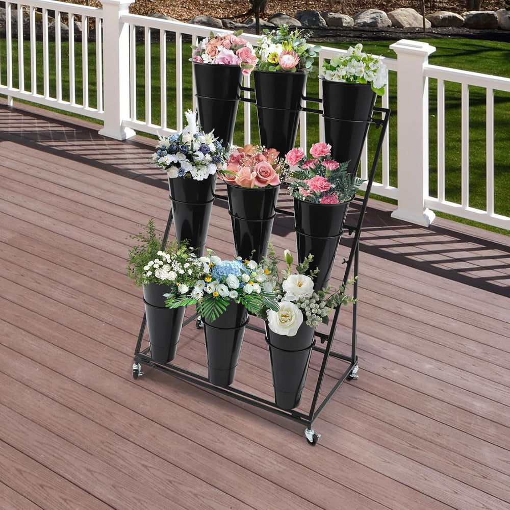 Flower Display Stand With Buckets, Flower Stand Heavy Duty Moving Flower Rack...