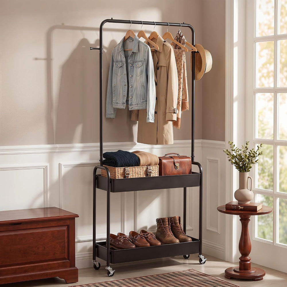 COSTWAY 3 in 1 Rolling Metal Clothes Rack with 2 Baskets & Hooks (Black)