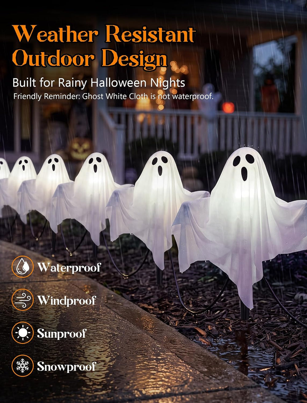 11.5FT Halloween Ghost Pathway Lights Outdoor, 4 Pack LED Lawn Stake Lights