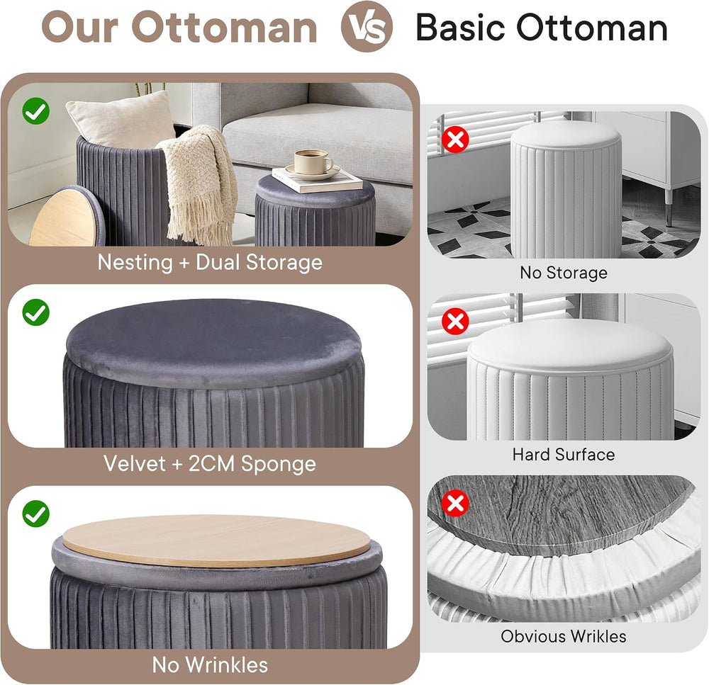 DUMOS Round Ottomans with Storage Set of 2, Vanity Stool, Foot Stool