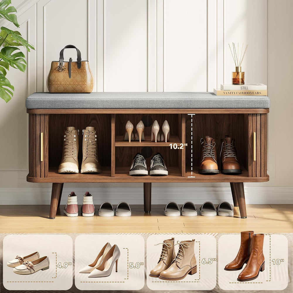 Decofy Shoe Storage Bench with Cushion and Sliding Doors, 39 Inch Shoe Bench ...