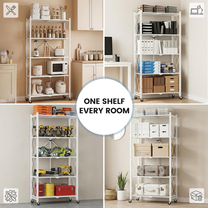 ALANNG 70.7" H Metal Storage Shelves, 5 Tier Folding Shelf on Wheels
